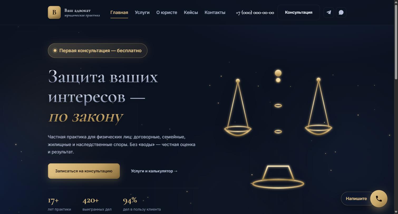 Сайт юридической практики: 3D-весы правосудия в первом экране